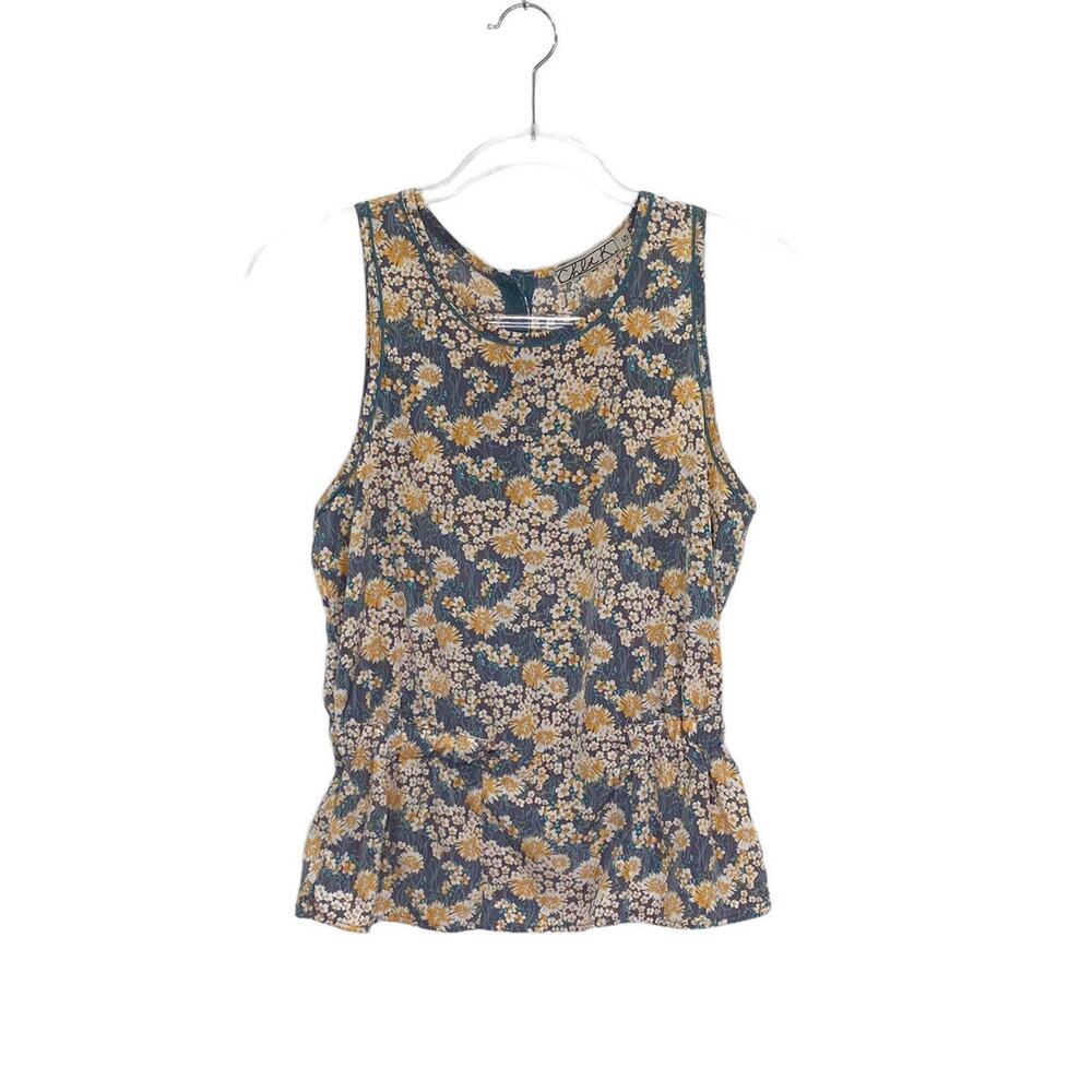 Chloe K Top Womens Small Floral Blue-Gray/Yellow/White Sleeveless Elastic Waist